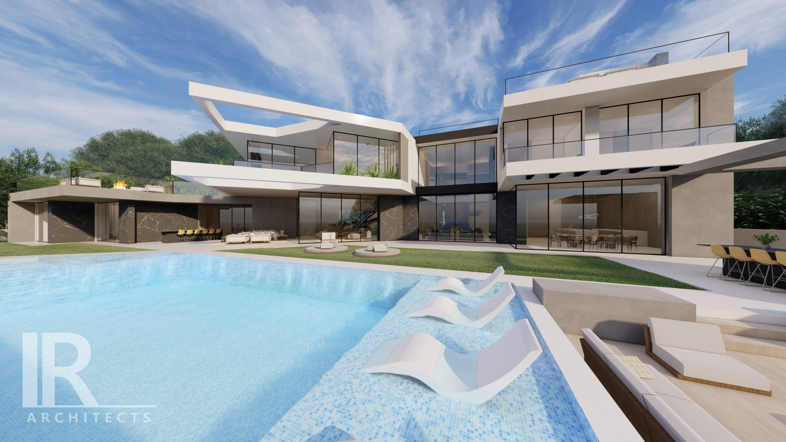 A rendering of the pool and outside of the house.