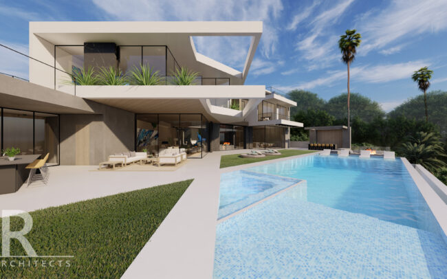 A rendering of the pool and house.