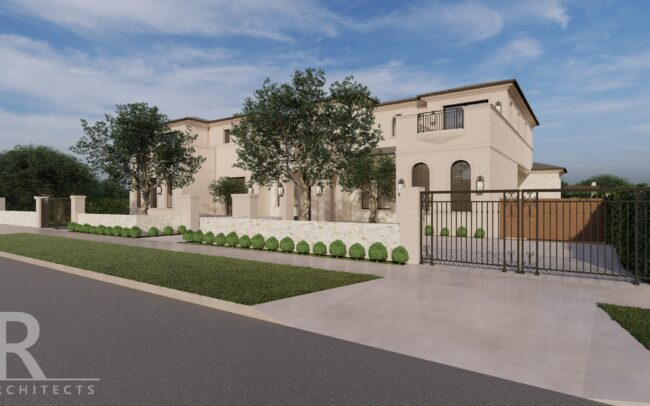 A rendering of the front entrance to a gated community.