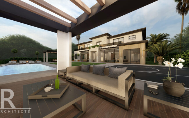 A rendering of an outdoor living area with pool.