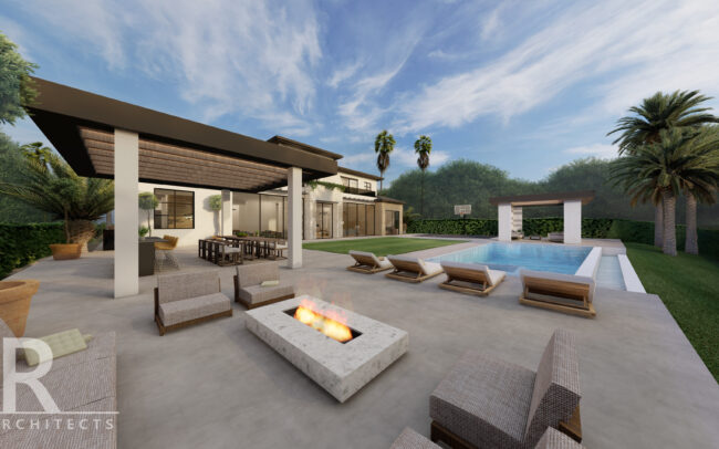 A rendering of an outdoor living area with pool and lounge chairs.