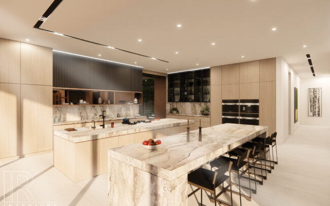 A large kitchen with marble counters and black appliances.