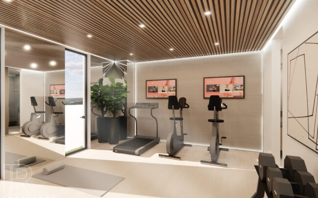 A gym with two treadmills and a treadmill.