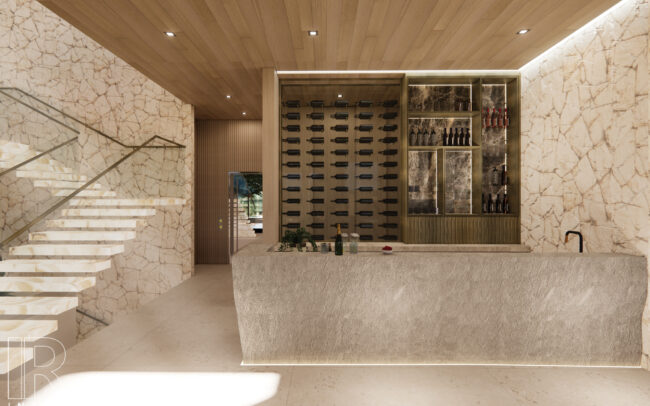 A room with a bar and wine racks in it