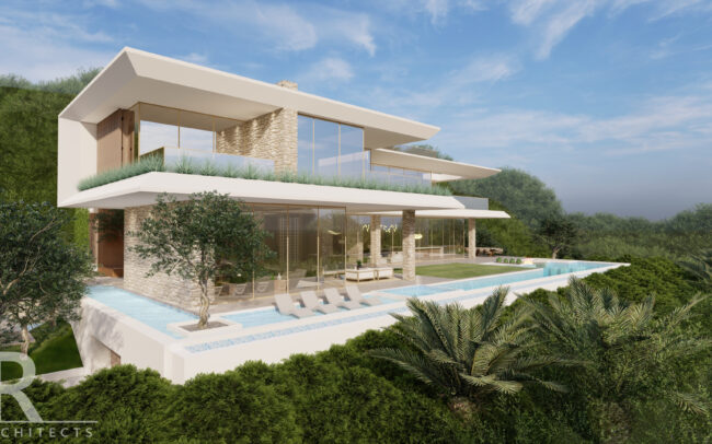A rendering of the exterior of a house with pool.