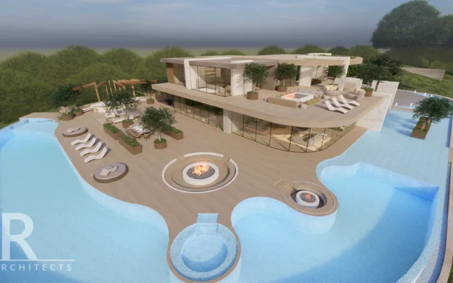 A rendering of the pool area with fire pit and lounge chairs.