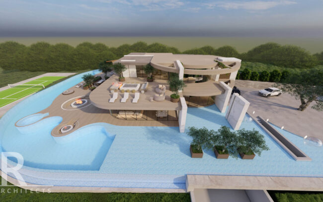 A 3 d rendering of the pool area and swimming pool.