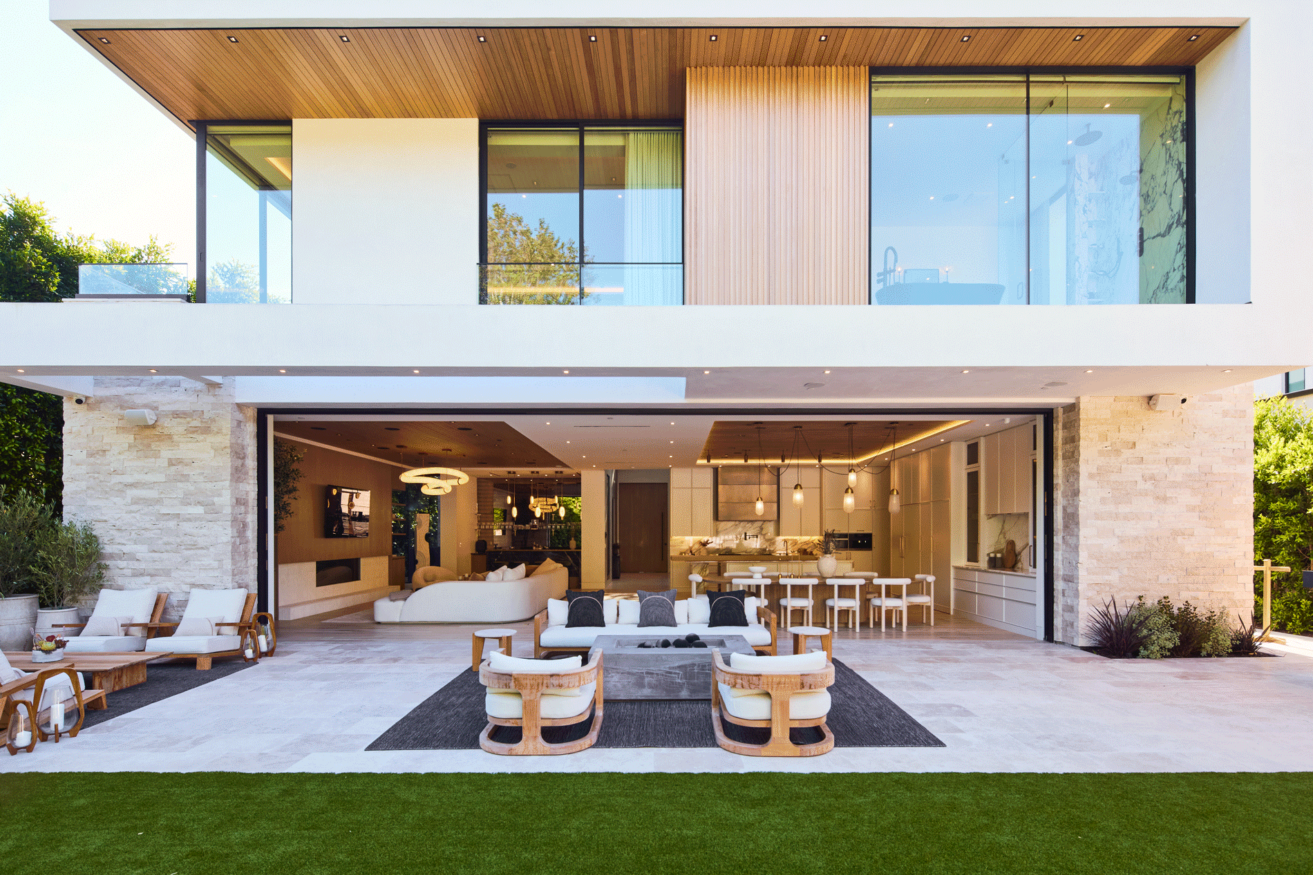 A large open living room with an outdoor patio.