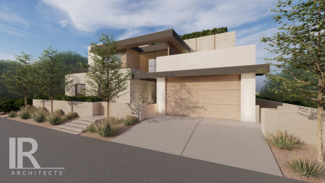 A rendering of the front entrance to a house.