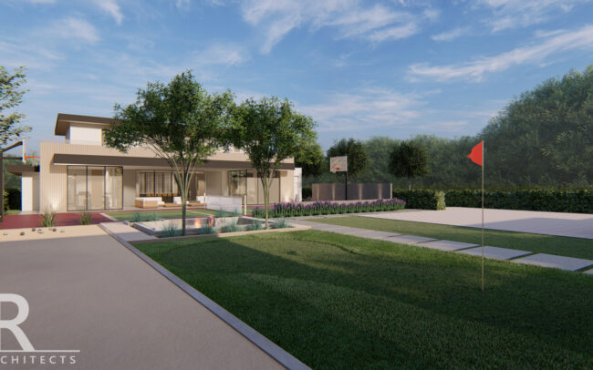 A rendering of the front yard and lawn area.