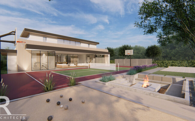 A rendering of an outdoor area with basketball hoop, fire pit and pool.