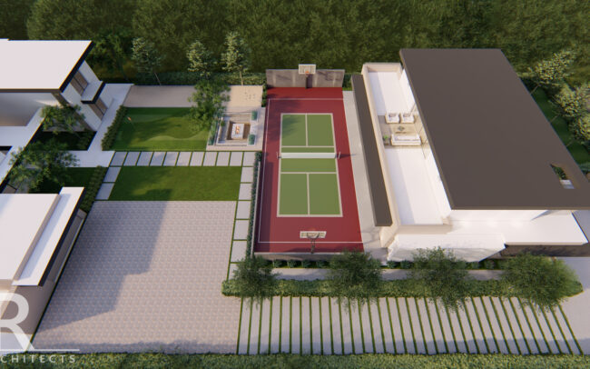 An aerial view of a tennis court with a building in the background.
