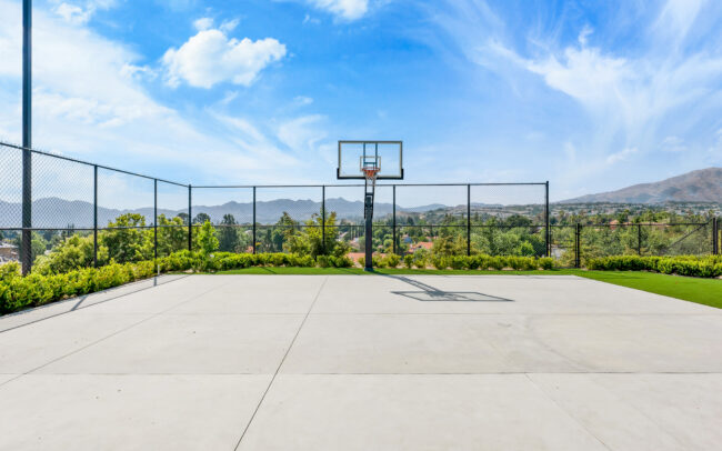 A basketball court with a net and trees in the background.