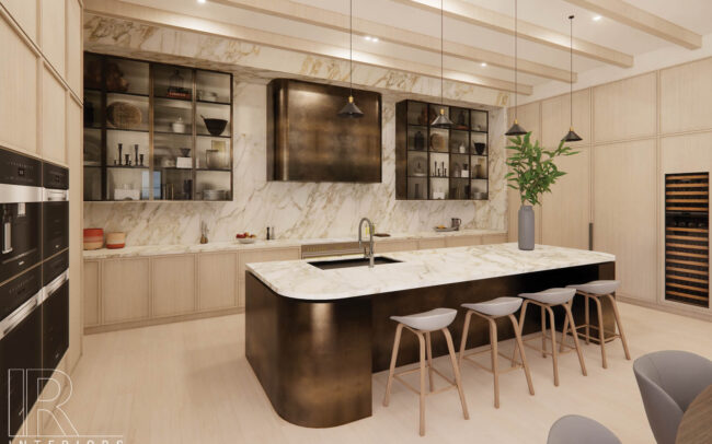 A kitchen with marble counters and white walls.
