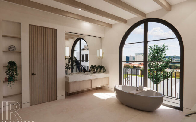 A bathroom with a large window and a tub