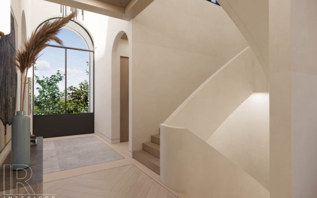 A white staircase with a window in the middle of it.