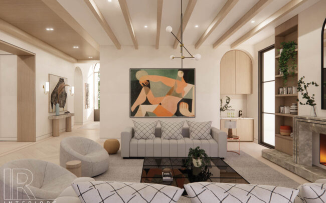 A living room with couches and a painting on the wall